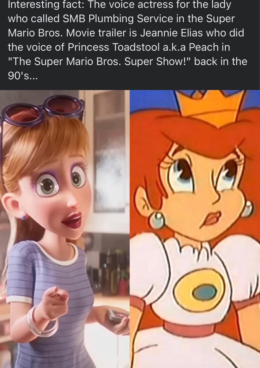 Interesting tact The voice actress for the lady who called SMB Plumbing Service in the Super Mario Bros Movie trailer is Jeannie Elias who did the voice of Princess Toadstool aka Peach in The Super Mario Bros Super Show back in the 90s