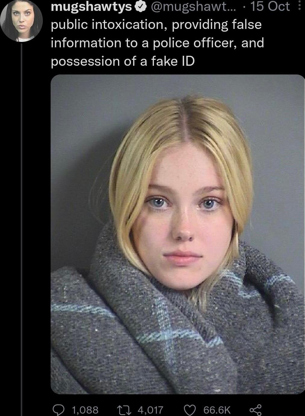 mugshawtys mugshawt 15 Oct public intoxication providing false information to a police officer and possession of a fake ID