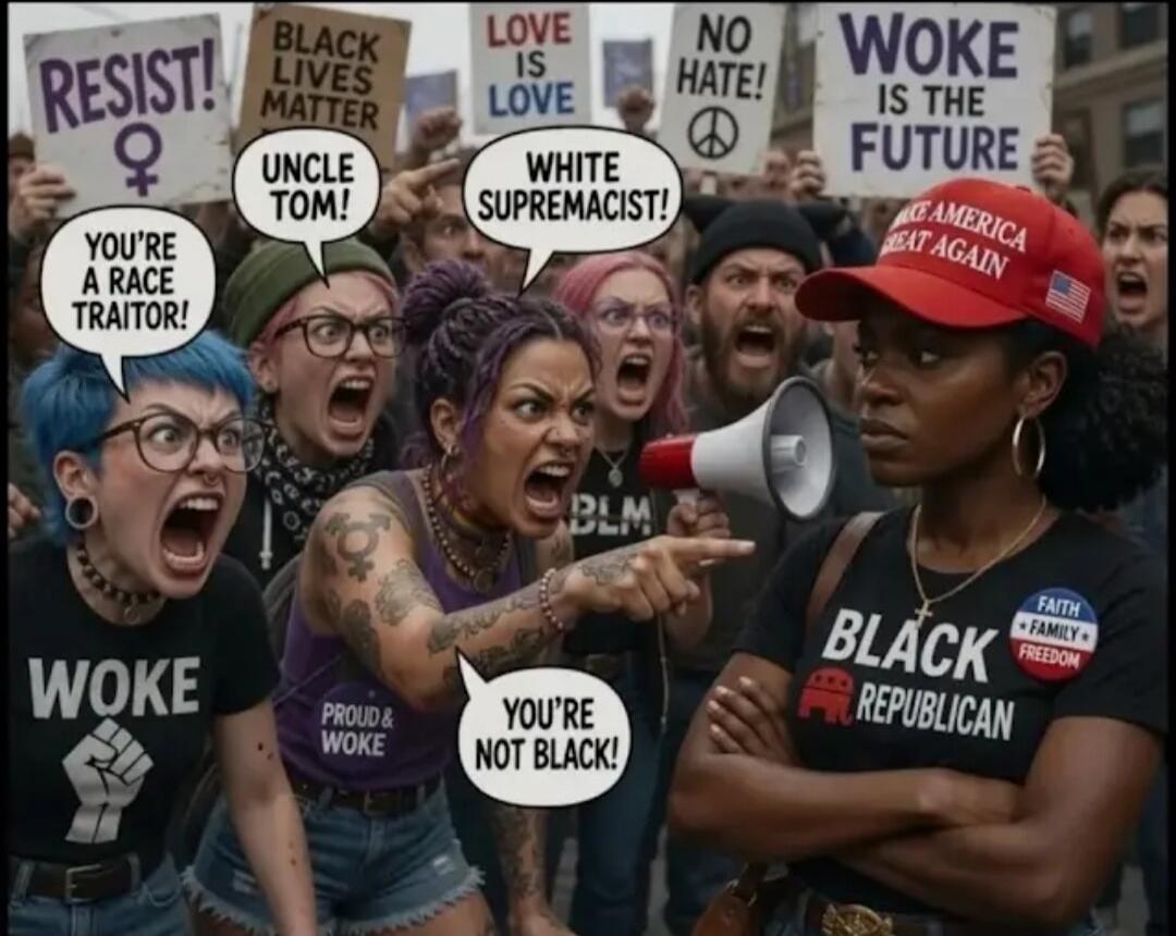 RESIST! BLACK LIVES MATTER LOVE IS LOVE NO HATE! WOKE IS THE FUTURE YOU'RE A RACE TRAITOR! UNCLE TOM! WHITE SUPREMACIST! YOU'RE NOT BLACK! WOKE PROUD & WOKE BLACK REPUBLICAN FAITH FAMILY FREEDOM MAKE AMERICA GREAT AGAIN