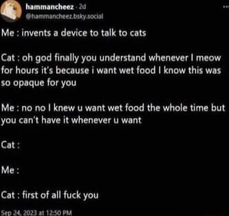 hammancheez hammancheez buky socil Me invents a device to talk to cats Cat oh god finally you understand whenever meow for hours its because want wet food know this was so opaque for you Me no no knew u want wet food the whole time but you cant have it whenever u want Cat Me Cat first of all fuck you Sep 2 2023 at 1250 PM