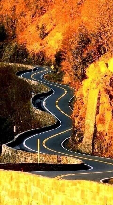 A winding road twists through a rocky landscape with orange autumn trees on either side.