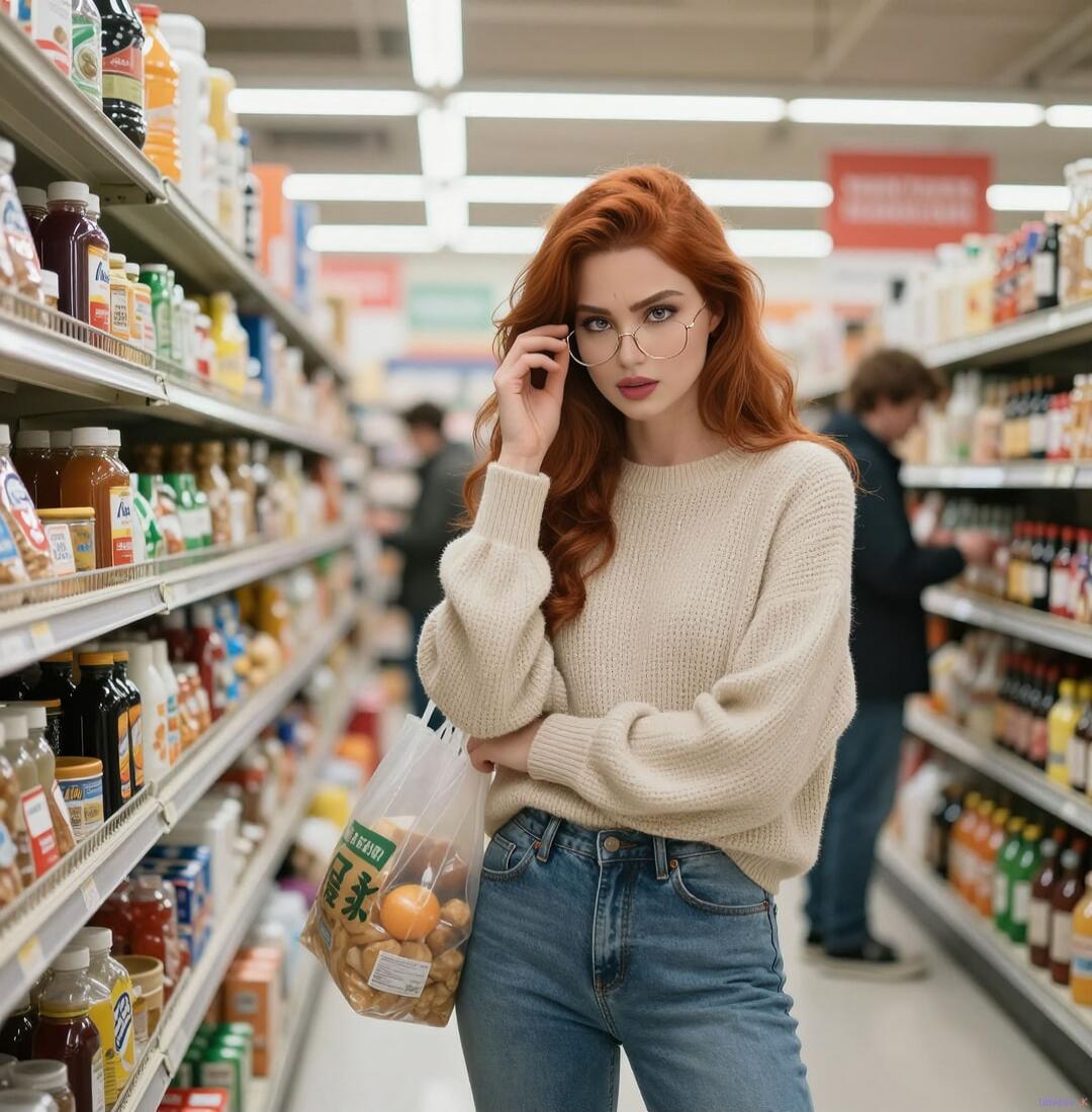 A red-haired woman wearing a cream sweater and jeans stands in a grocery store aisle, holding a bag of fruit and adjusting her glasses.