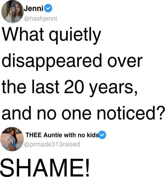 Jennie What quietly disappeared over the last 20 years and no one noticed THEE Auntie with no kids SHAME