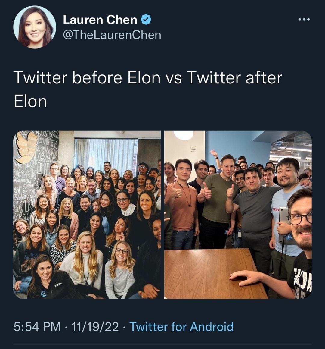 ETTEL Yo T ThelLaurenChen Twitter before Elon vs Twitter after Elon 554 PM 111922 Twitter for Android 1469 Retweets 749 Quote Tweets 128K Likes