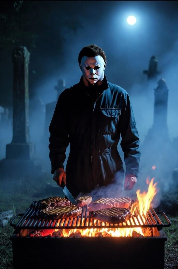 Michael Myers grilling steaks in a cemetery at night