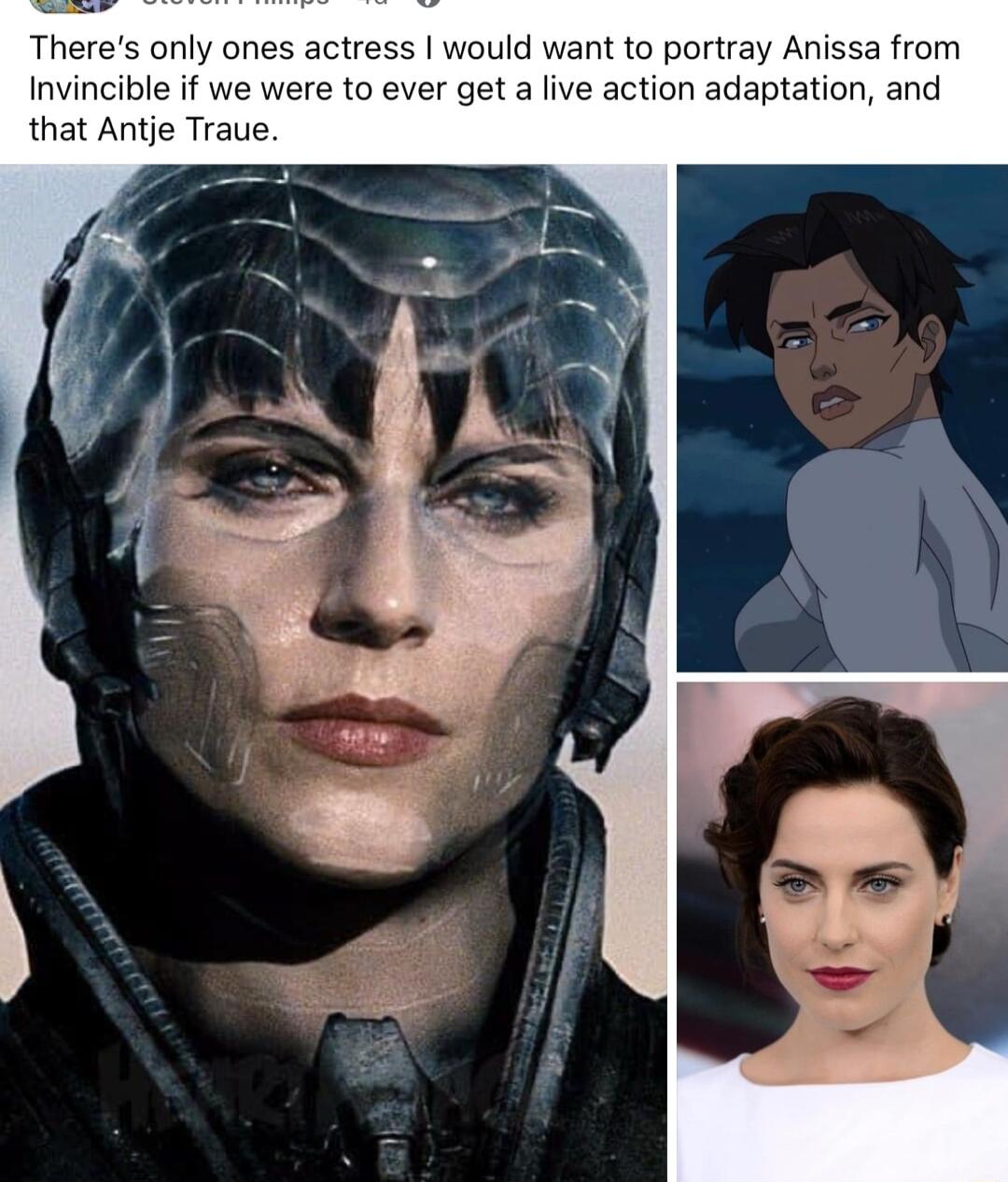 Theres only ones actress would want to portray Anissa from Invincible if we were to ever get a live action adaptation and that Antje Traue