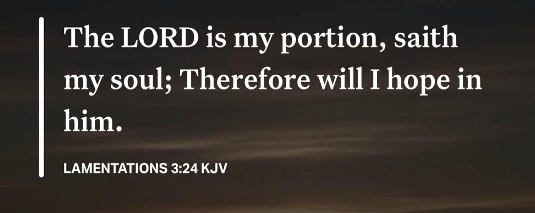 The LORD is my portion, saith my soul; Therefore will I hope in him. LAMENTATIONS 3:24 KJV