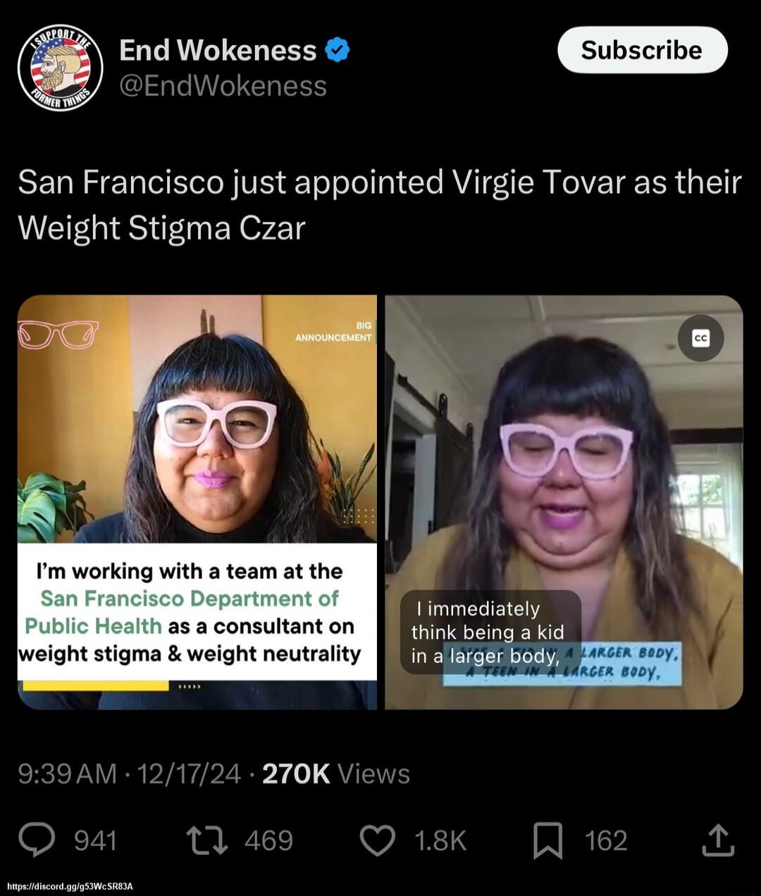 End Wokeness ndW es San Francisco just appointed Virgie Tovar as their Weight Stigma Czar Im working with a team at the as a consultant on Jweight stigma weight neutrality