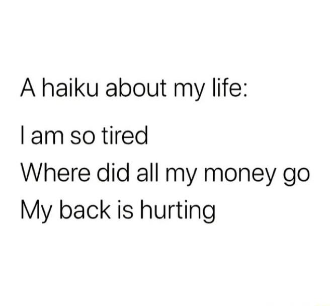A haiku about my life am so tired Where did all my money go My back is hurting