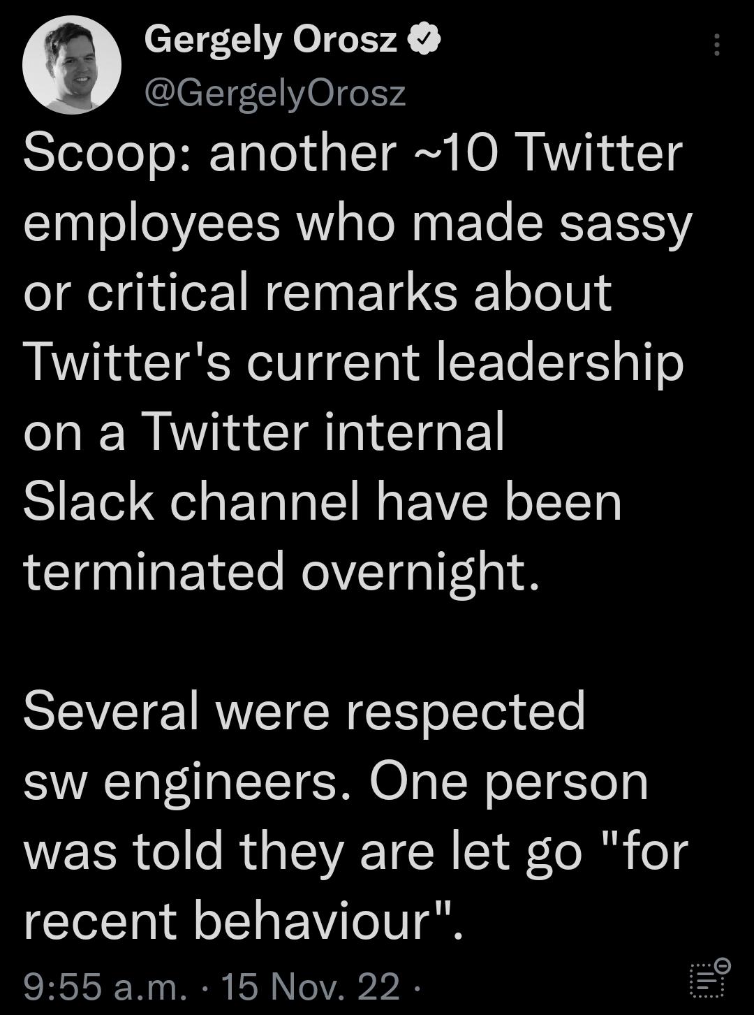 Gergely Orosz GergelyOrosz Slelele o BE TaleXd oI I VN4 LT g employees who made sassy or critical remarks about Twitters current leadership on a Twitter internal Slack channel have been terminated overnight Several were respected sw engineers One person WEERIle RUa L TR ol o recent behaviour 955 am 15 Nov 22 i
