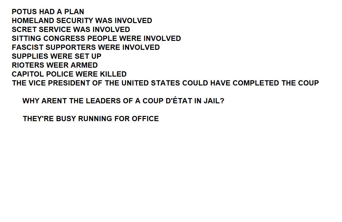 POTUS HAD A PLAN HOMELAND SECURITY WAS INVOLVED SCRET SERVICE WAS INVOLVED SITTING CONGRESS PEOPLE WERE INVOLVED FASCIST SUPPORTERS WERE INVOLVED SUPPLIES WERE SET UP RIOTERS WEER ARMED CAPITOL POLICE WERE KILLED THE VICE PRESIDENT OF THE UNITED STATES COULD HAVE COMPLETED THE COUP WHY ARENT THE LEADERS OF A COUP DEETAT IN JAIL THEYRE BUSY RUNNING FOR OFFICE