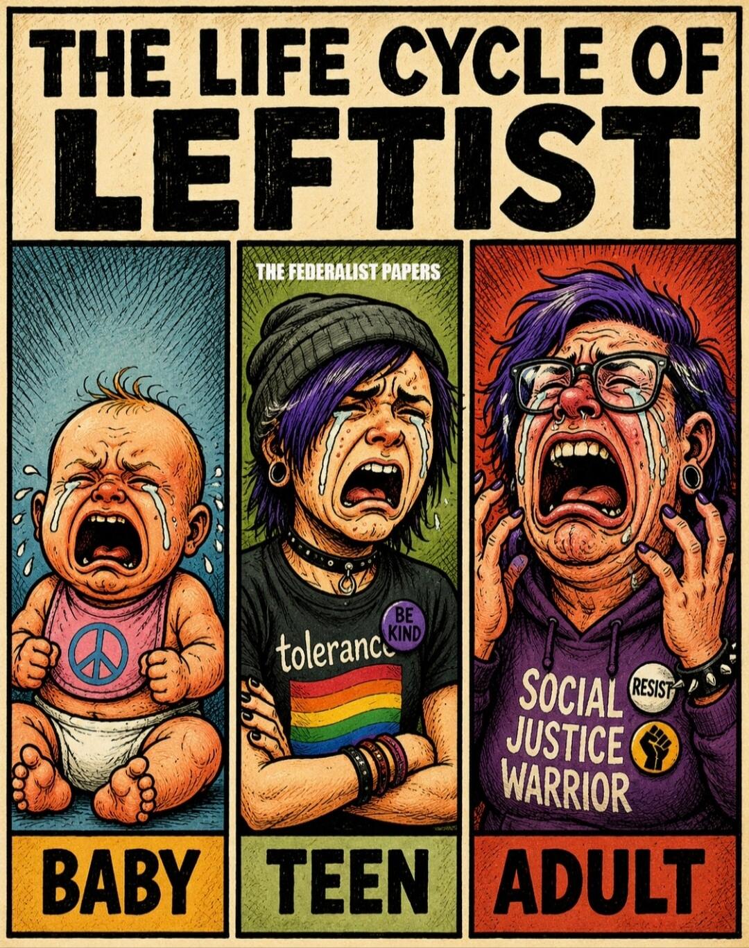 THE LIFE CYCLE OF LEFTIST BABY TEEN ADULT THE FEDERALIST PAPERS tolerance BE KIND SOCIAL JUSTICE WARRIOR RESIST