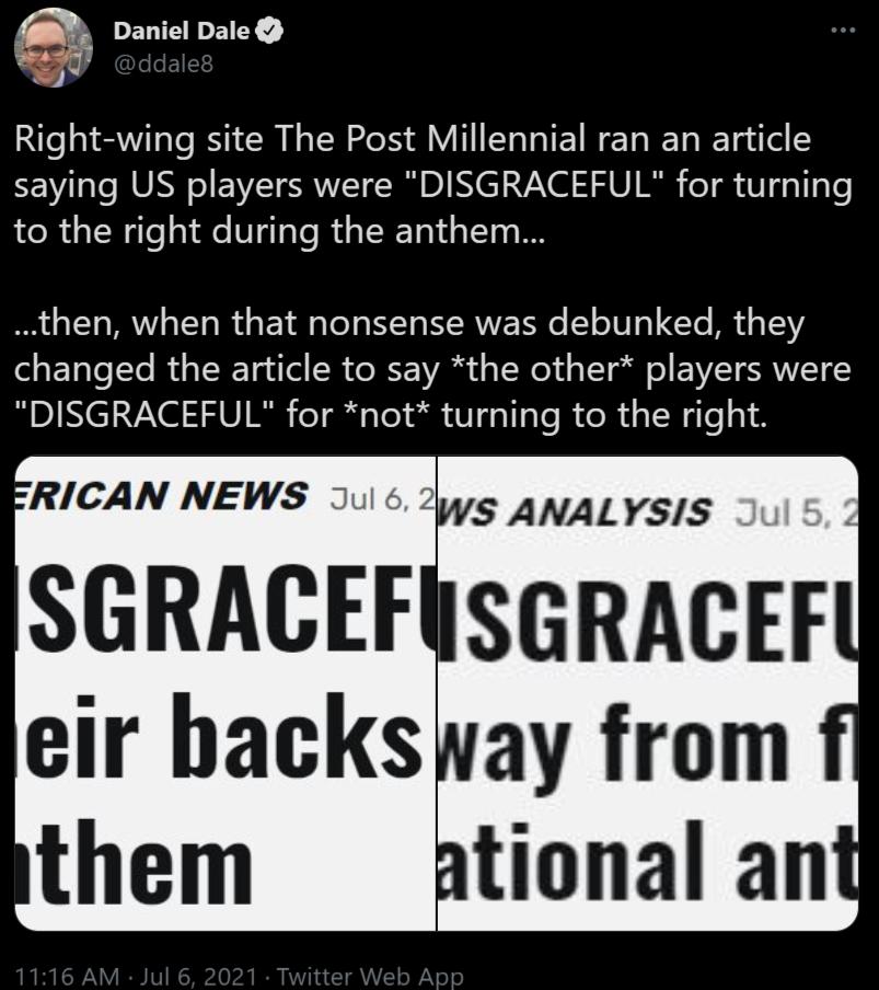 L Daniel Dale et Right wing site The Post Millennial ran an article saying US players were DISGRACEFUL for turning to the right during the anthem then when that nonsense was debunked they ol s EToTe Yo IR o TN Ty dTol 0 o VA g VoW o o Y gl o N VZTRRVVIET DISGRACEFUL for not turning to the right RICAN NEWS 5ul 6 2yye ANALYSIS SGRACEFYSGRACEF eir hacksway from