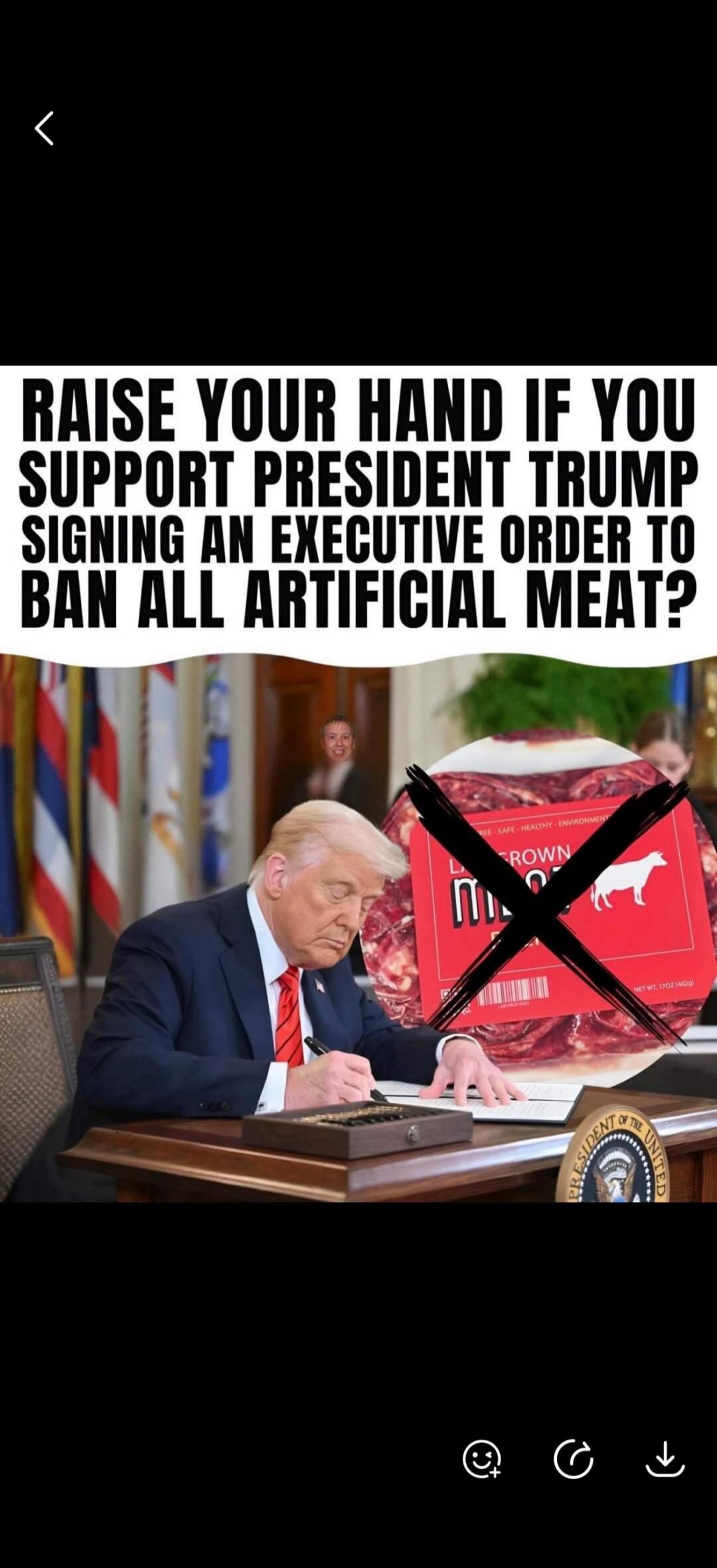 RAISE YOUR HAND IF YOU SUPPORT PRESIDENT TRUMP SIGNING AN EXECUTIVE ORDER TO BAN ALL ARTIFICIAL MEAT? LAB GROWN MEAT. FREE - SAFE - HEALTHY - ENVIRONMENT. NET WT. 17OZ (482G).