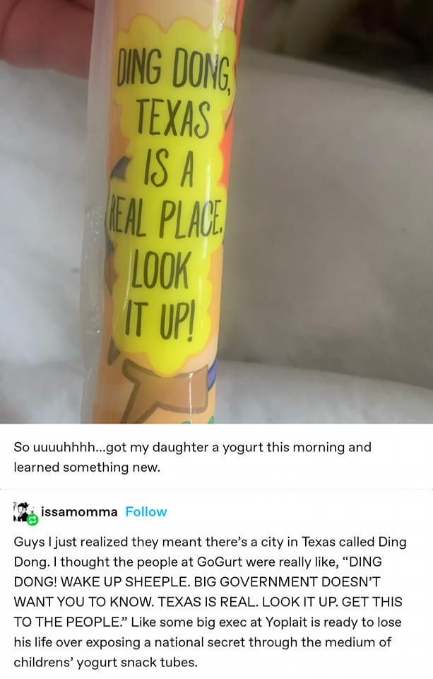 jot my daughter a yogurt this morning and learned something new 1 issamomma Follow Guys just realized they meant theres a city in Texas called Ding Dong thought the people at GoGurt were really ke DING DONG WAKE UP SHEEPLE BIG GOVERNMENT DOESNT WANT YOU TO KNOW TEXAS IS REAL LOOK IT UP GET THIS TO THE PEOPLE Like some big exec at Yoplait is ready to lose his life over exposing a national secret th