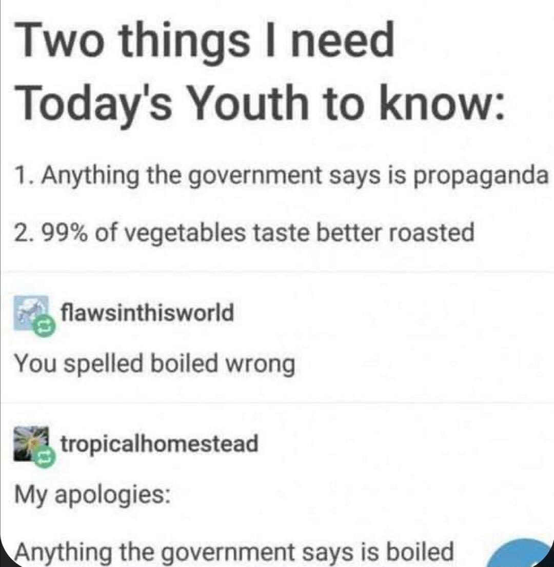 Two things need Todays Youth to know 1 Anything the government says is propaganda 299 of vegetables taste better roasted a flawsinthisworld You spelled boiled wrong mpicalhumestead My apologies Anything the government says is boiled 22