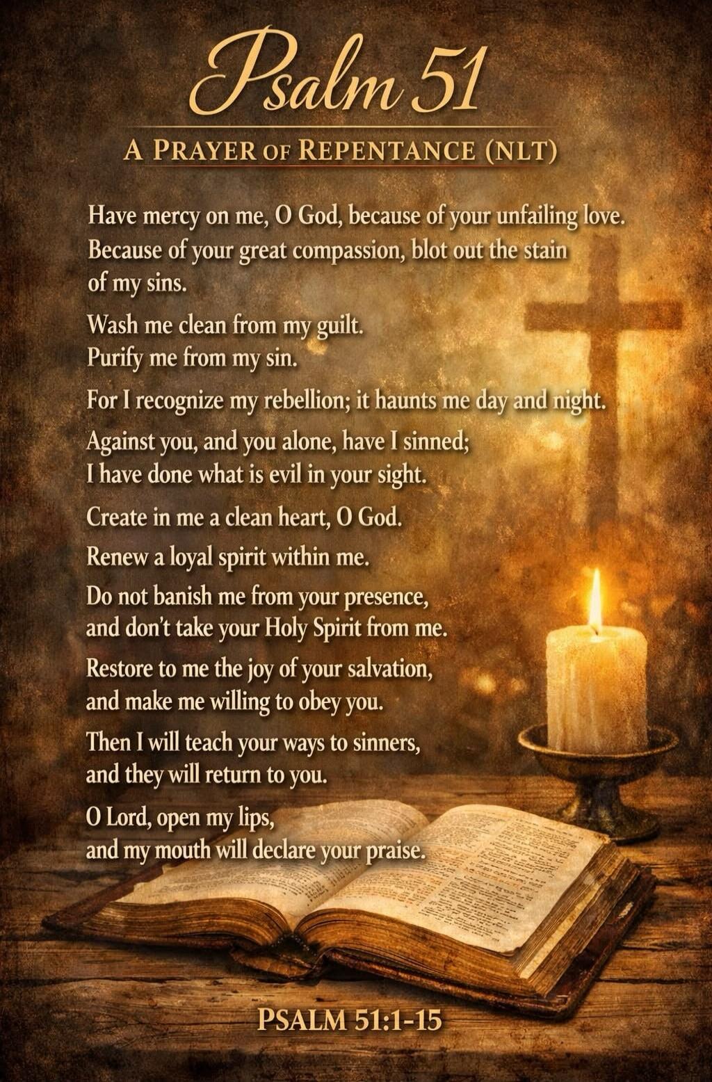 Psalm 51 A PRAYER OF REPENTANCE (NLT) Have mercy on me, O God, because of your unfailing love. Because of your great compassion, blot out the stain of my sins. Wash me clean from my guilt. Purify me from my sin. For I recognize my rebellion; it haunts me day and night. Against you, and you alone, have I sinned; I have done what is evil in your sigh