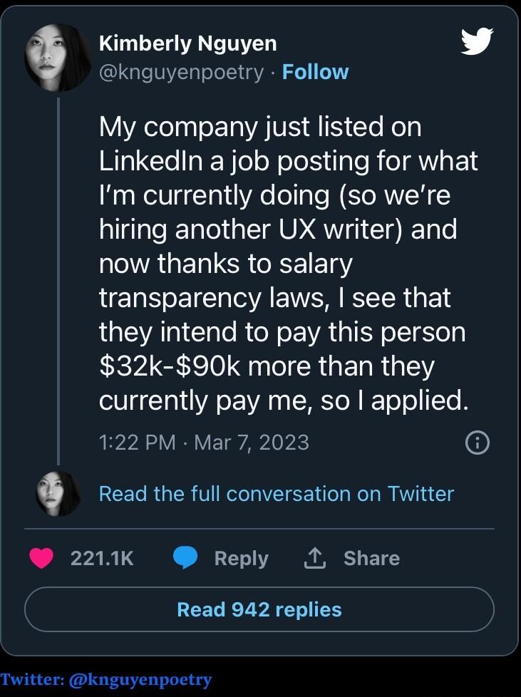 Q Kimberly Nguyen L 4 knguyenpoetry Follow My company just listed on LinkedIn a job posting for what Im currently doing so were hiring another UX writer and AT CR 1 E1a transparency laws see that they intend to pay this person 32k 90k more than they currently pay me so applied 122 PM Mar 7 2023 6 read the full conversation on Twitter 22119k Reply 1 Share Read 942 replies Twitter knguyenpoetry