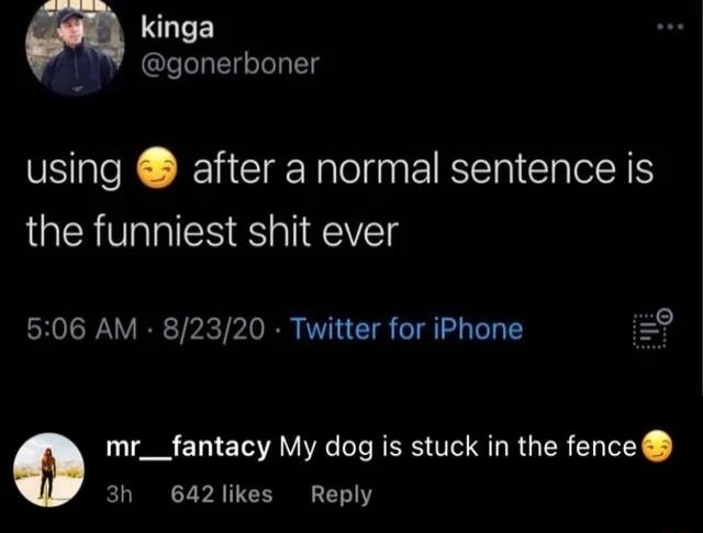 kinga gonerboner using after a normal sentence is the funniest shit ever 506 AM 82320 Twitter for iPhone mr__fantacy My dog is stuck in the fence 3h 642likes Reply