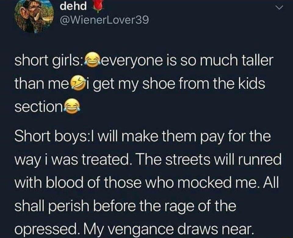 E o 1To IRV ne i WienerlLover39 short girlseveryone is so much taller than me i get my shoe from the kids section Short boys will make them pay for the WEVARNESRCE o BN LR TS eS RV a1 Te WligReleele Ko Miglel SRV aleNpnlelel Cle Nag lSWA shall perish before the rage of the opressed My vengance draws near