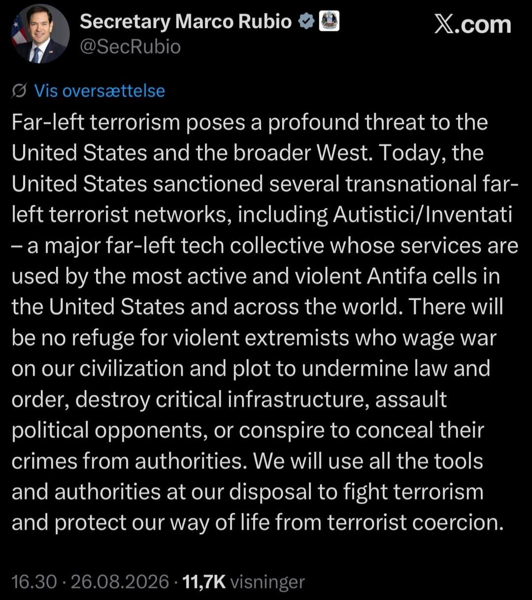 Far-left terrorism poses a profound threat to the United States and the broader West. Today, the United States sanctioned several transnational far-left terrorist networks, including Autistici/Inventati – a major far-left tech collective whose services are used by the most active and violent Antifa cells in the United States and across the world. T