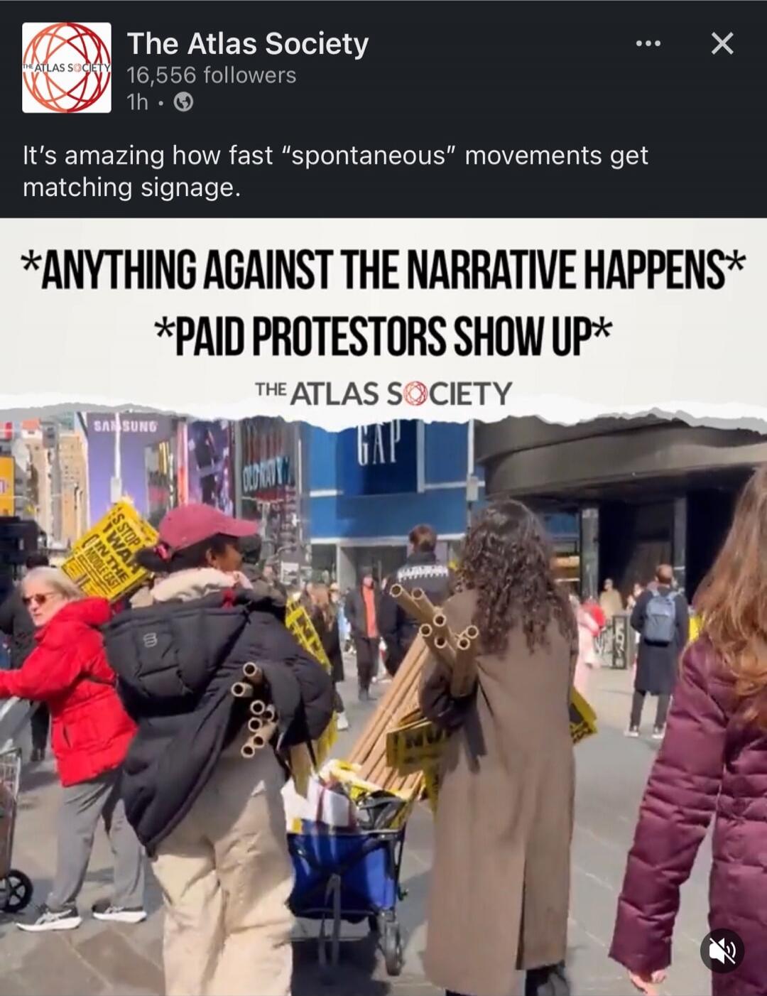 It's amazing how fast “spontaneous” movements get matching signage.
*ANYTHING AGAINST THE NARRATIVE HAPPENS*
*PAID PROTESTORS SHOW UP*
The Atlas Society