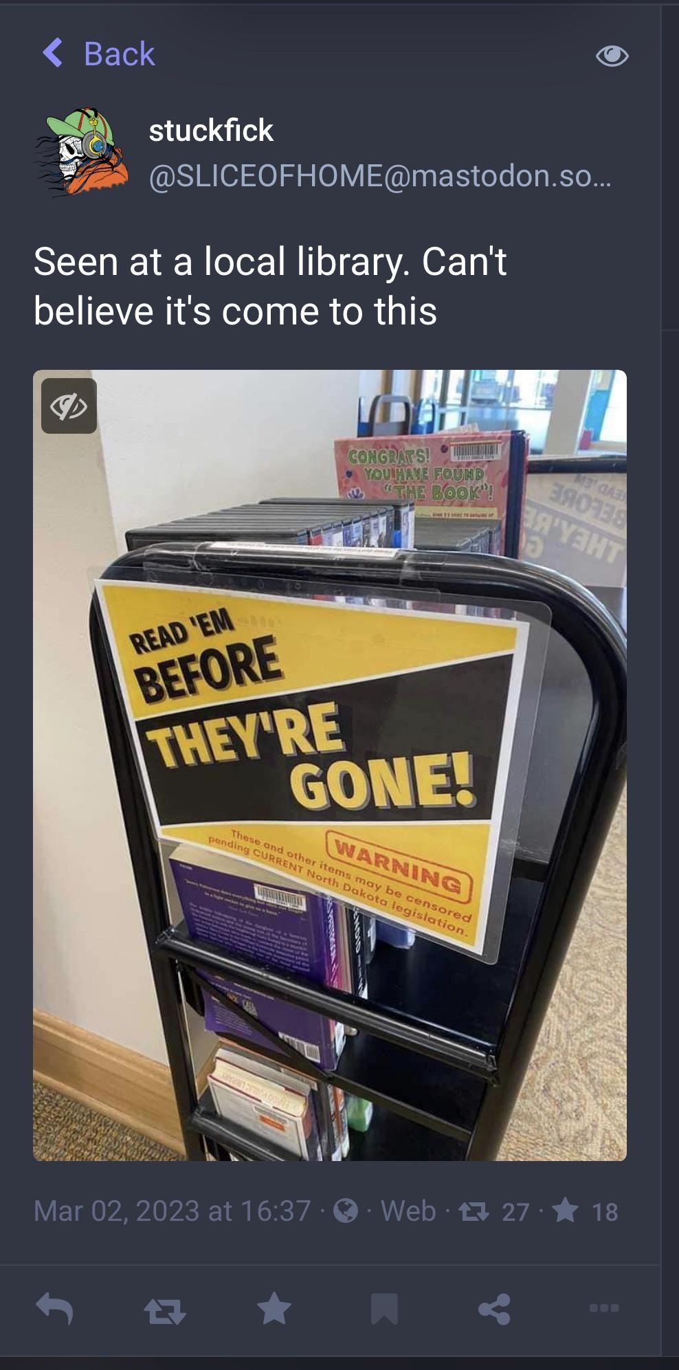 Back gx stuckfick 7 S Reie 55 0 VISINER eTe o KT Seen at a local library Cant believe its come to this 927