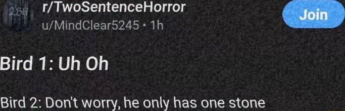 rTwoSentenceHorror A e 2 T Bird 1 Uh Oh Bird 2 Dont worry he only has one stone