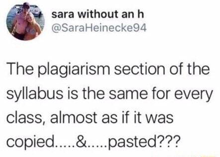 sara without an h SaraHeinecke94 The plagiarism section of the syllabus is the same for every class almost as if it was copiedpasted