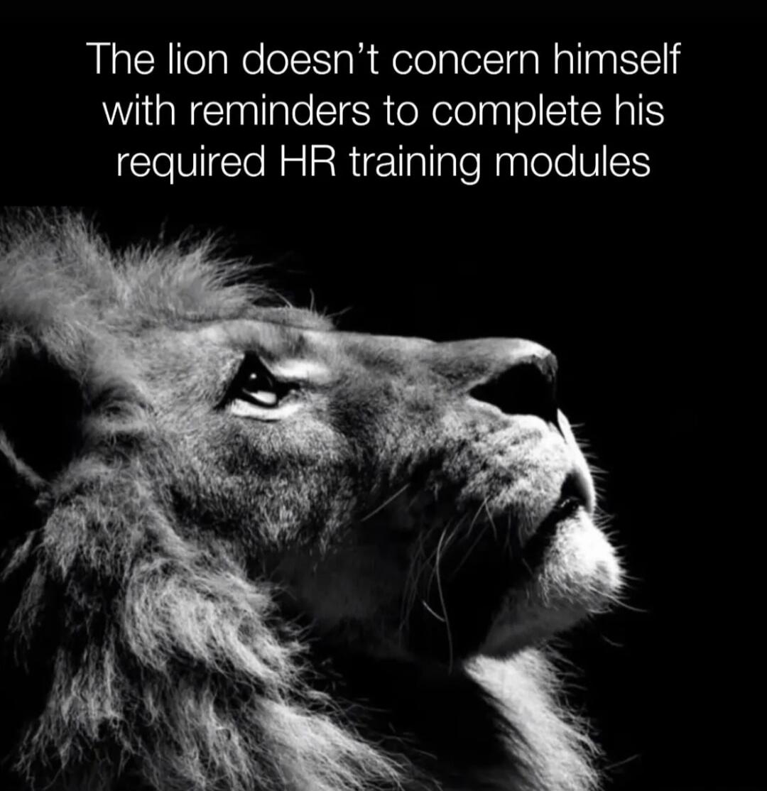 The lion doesn't concern himself with reminders to complete his required HR training modules