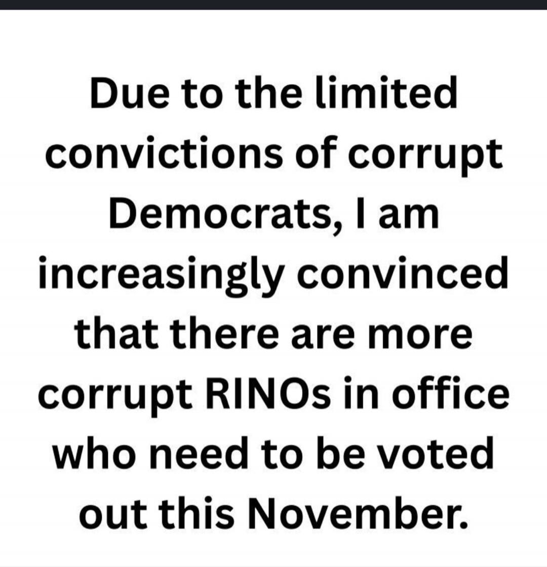 Due to the limited convictions of corrupt Democrats, I am increasingly convinced that there are more corrupt RINOs in office who need to be voted out this November.