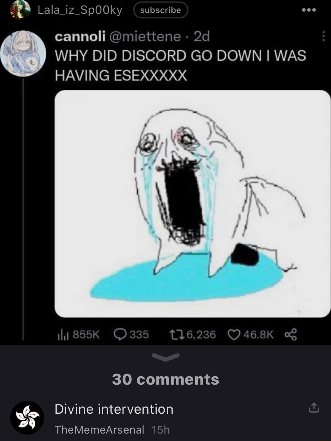 cannoli WHY DID DISCORD GO DOWN WAS HAVING ESEXXXXX 30 comments Divine intervention TheMemeArsenal
