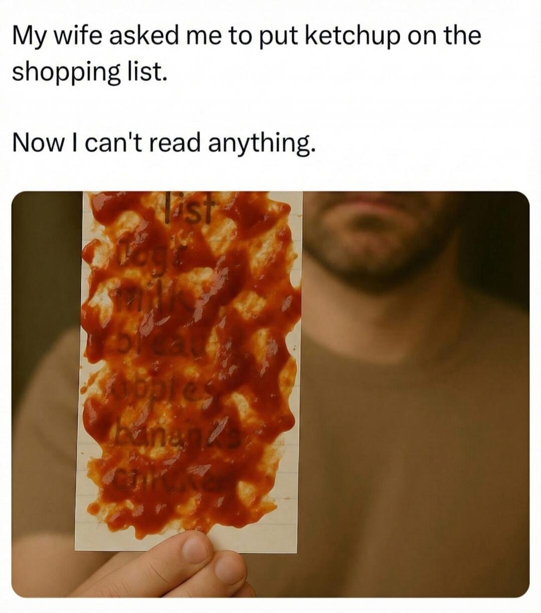 My wife asked me to put ketchup on the shopping list. Now I can't read anything. list milk bread apples bananas