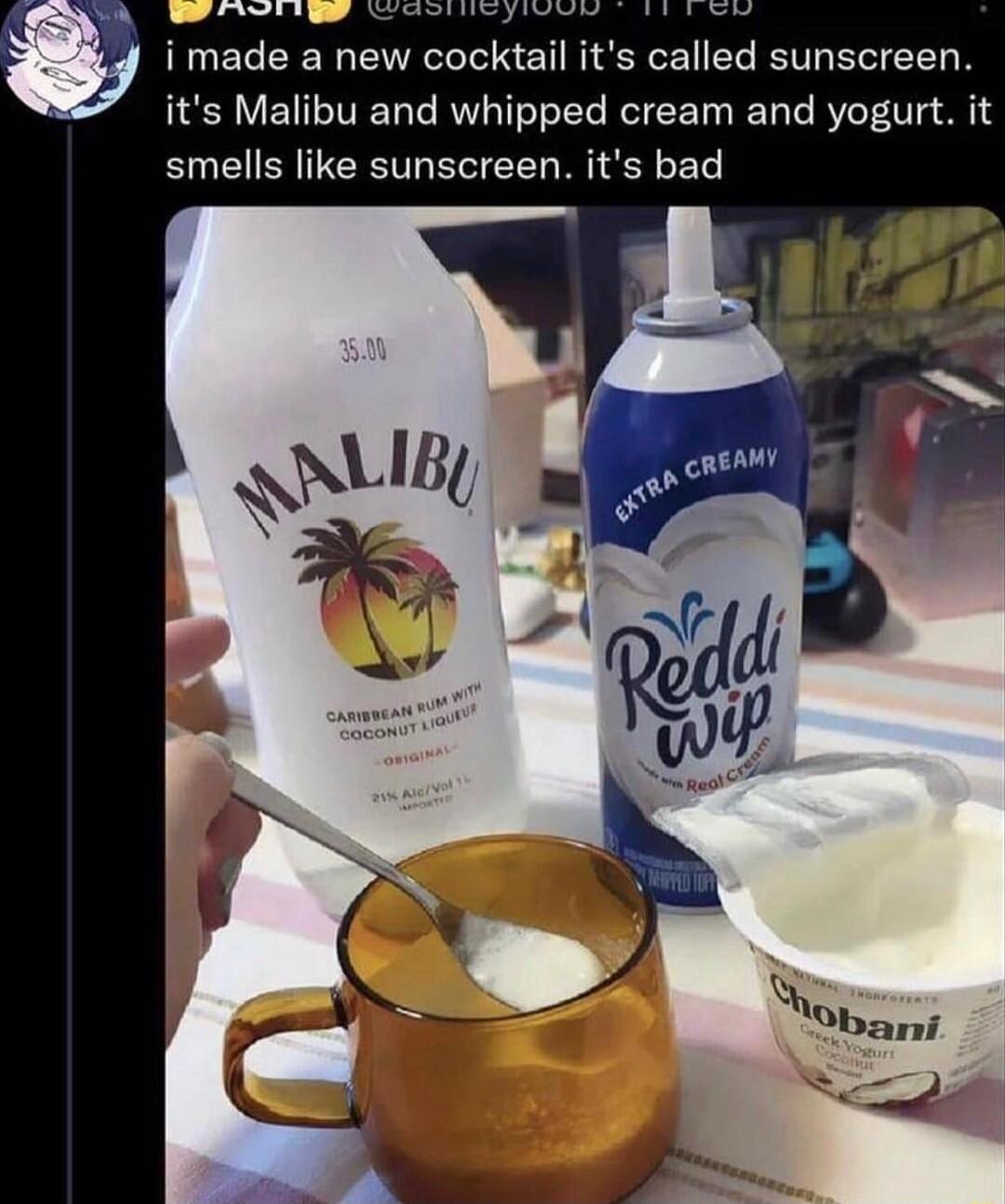 RUELEE R ENEC TR ERGE EL ST BTN its Malibu and whipped cream and yogurt it smells like sunscreen its bad