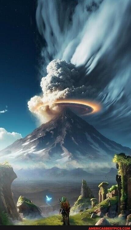 A dramatic volcanic eruption with a towering plume and glowing ring around the crater; a lone explorer stands in the lush foreground.