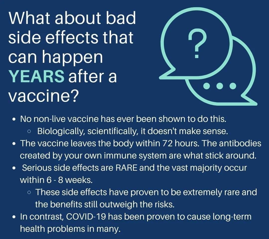 What about bad side effects that can happen YEARS after a vaccine LI oN g lol g B INVERVETolel g TN g EICAVCT l o TTTa R g Lo 1Y g W oo o R g IS o Biologically scientifically it doesnt make sense U 1 CAVE Tl g R CE ISR g oY ooTo VA1 al Ta WAZ A a e IV SR N e Tl i o ToTo T created by your own immune system are what stick around Serious side effects are RARE and the vast majority occur within 6 8 we