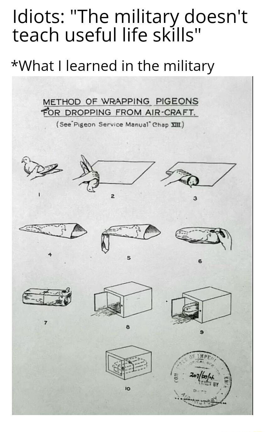 Idiots The military doesnt teach useful life skills What learned in the military METHOD OF WRAPPING PIGEONS FOR_DROPPING FROM AIR CRAFT SeePigeon Service Manual Chap XIIL