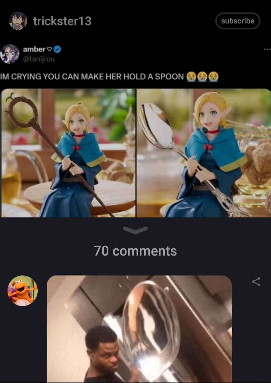 trickster13 subscribe o V amber IM CRYING YOU CAN MAKE HER HOLD A SPOON