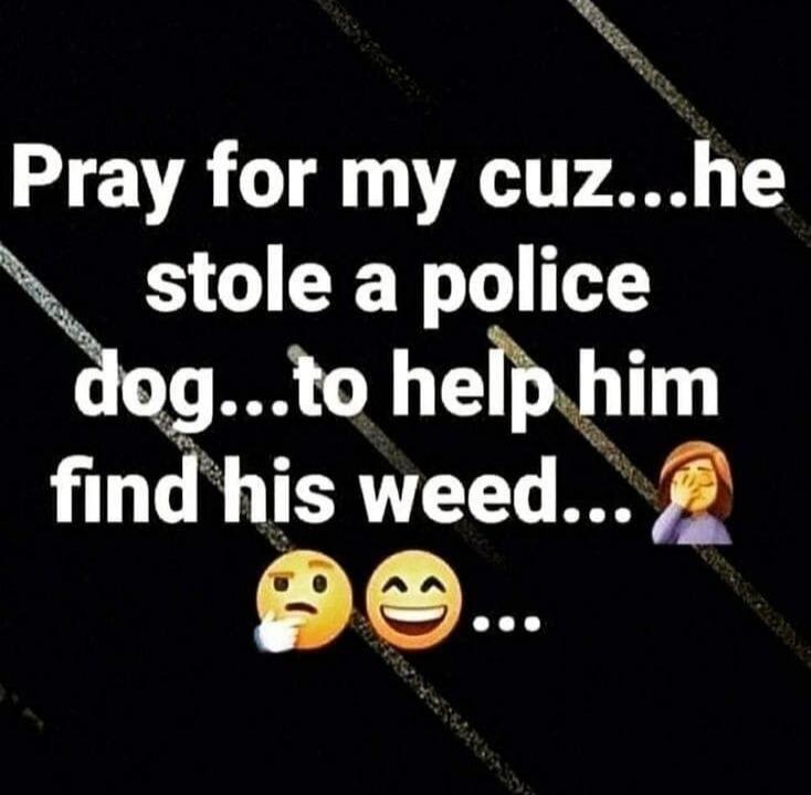 Pray for my cuz...he stole a police dog...to help him find his weed...