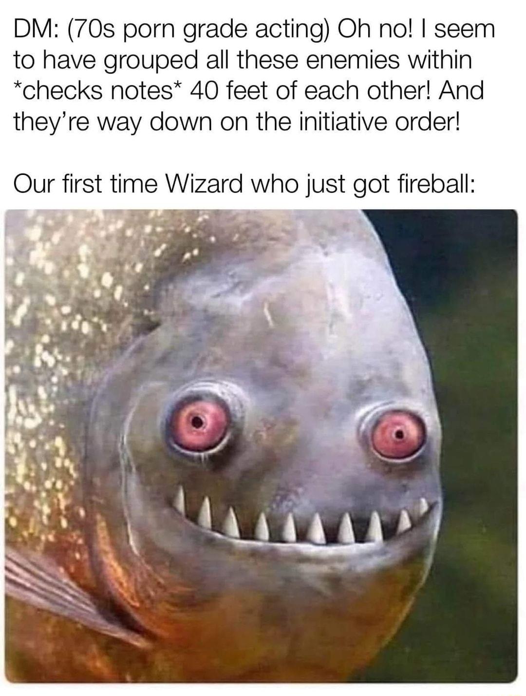 DM 70s porn grade acting Oh no seem to have grouped all these enemies within checks notes 40 feet of each other And theyre way down on the initiative order Our first time Wizard who just got fireball