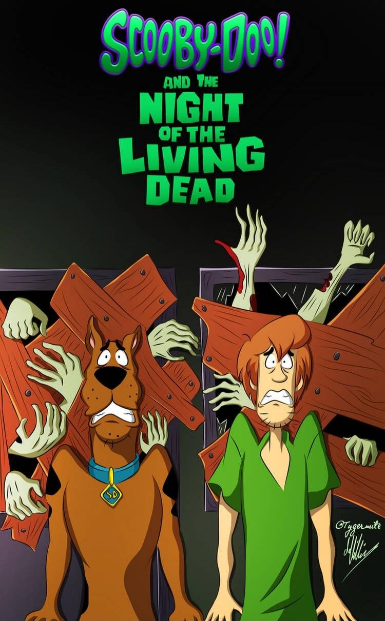 SCOOBY-DOO! AND THE NIGHT OF THE LIVING DEAD. The image depicts Scooby-Doo and Shaggy looking terrified as numerous zombie hands break through wooden barricades from both sides, trying to grab them. The scene is dark and suspenseful, typical of a horror-comedy theme.