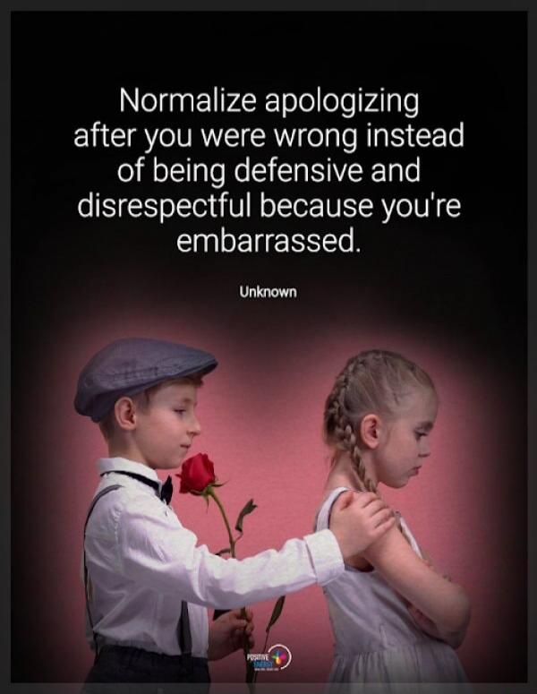 Normalize apologizing after you were wrong instead of being defensive and disrespectful because you're embarrassed. Unknown