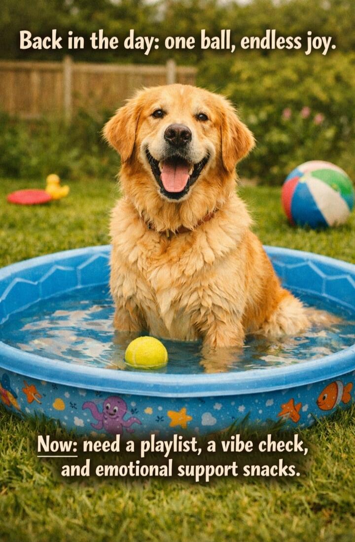 Back in the day: one ball, endless joy. Now: need a playlist, a vibe check, and emotional support snacks.