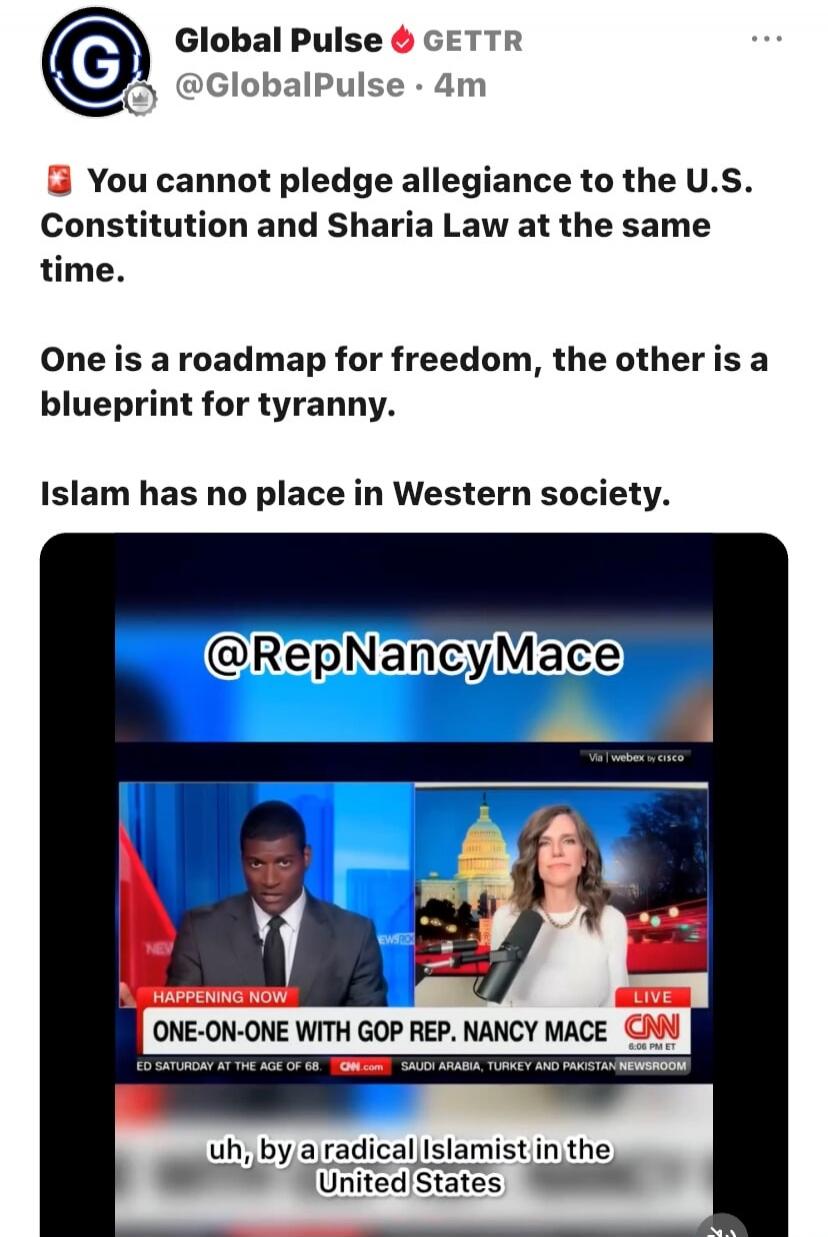 You cannot pledge allegiance to the U.S. Constitution and Sharia Law at the same time. One is a roadmap for freedom, the other is a blueprint for tyranny. Islam has no place in Western society. @RepNancyMace. Happening now: One-on-one with GOP Rep. Nancy Mace on CNN. Live 6:06 PM ET. Uh, by a radical Islamist in the United States.