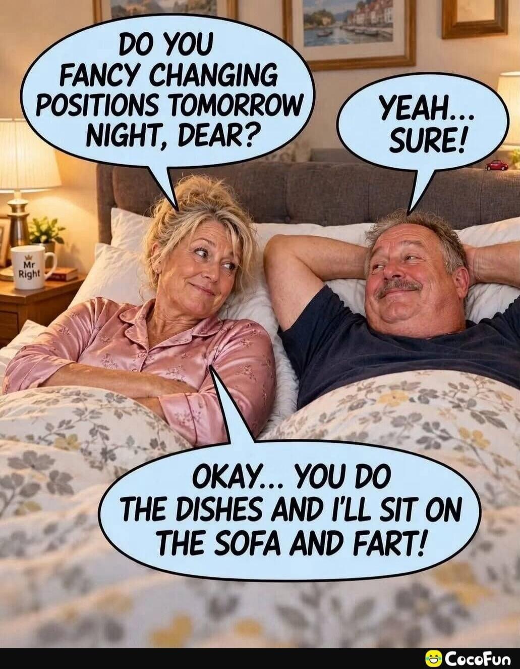 DO YOU FANCY CHANGING POSITIONS TOMORROW NIGHT, DEAR? YEAH... SURE! OKAY... YOU DO THE DISHES AND I'LL SIT ON THE SOFA AND FART! Mr Right