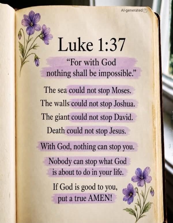 Luke 1:37 “For with God nothing shall be impossible.” The sea could not stop Moses. The walls could not stop Joshua. The giant could not stop David. Death could not stop Jesus. With God, nothing can stop you. Nobody can stop what God is about to do in your life. If God is good to you, put a true AMEN!