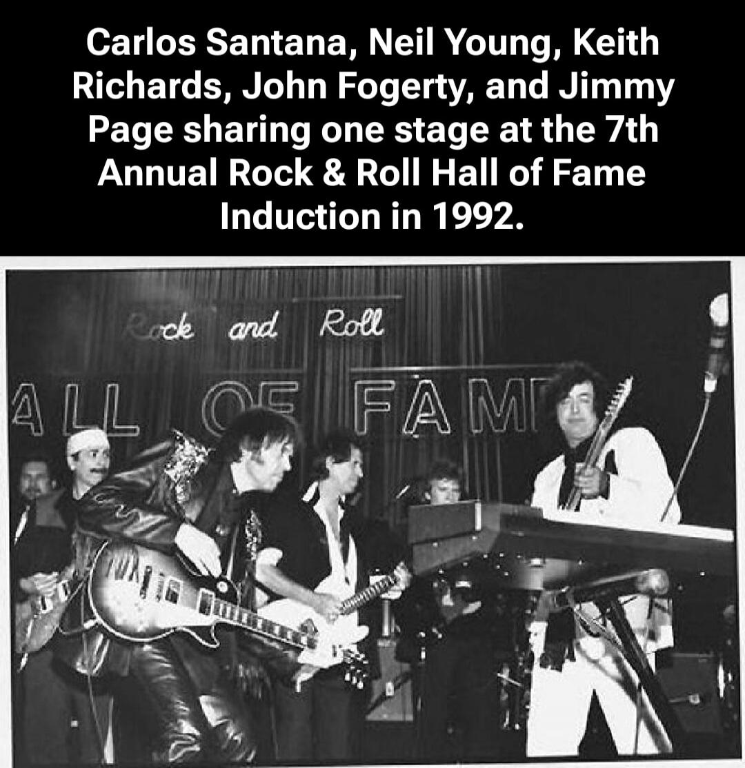 Carlos Santana, Neil Young, Keith Richards, John Fogerty, and Jimmy Page sharing one stage at the 7th Annual Rock & Roll Hall of Fame Induction in 1992.
