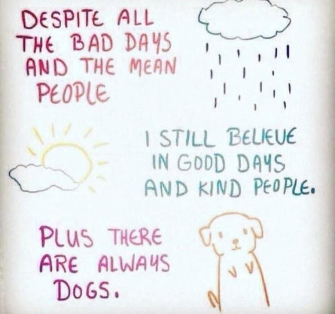 DESPITE ALL THE BAD DAYS AND THE MEAN PEOPLE
I STILL BELIEVE IN GOOD DAYS AND KIND PEOPLE.
PLUS THERE ARE ALWAYS DOGS.