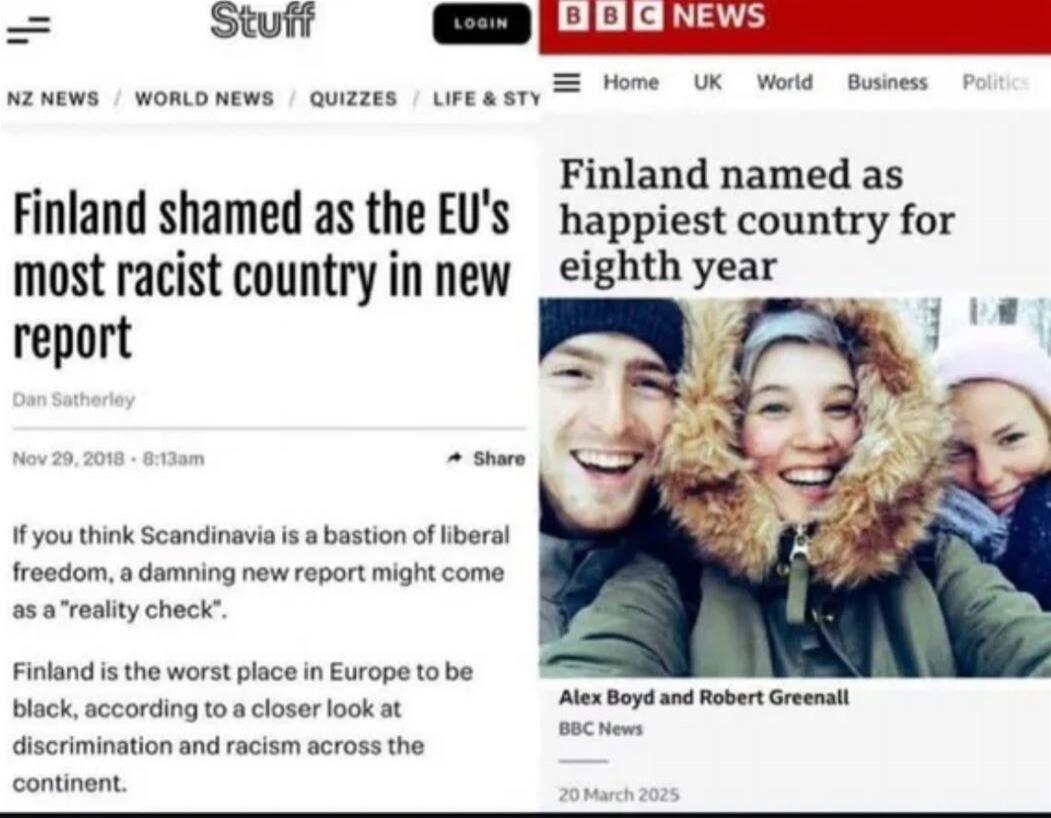 Finland shamed as the EU's most racist country in new report. Dan Satherley. Nov 29, 2018 - 6:13am. If you think Scandinavia is a bastion of liberal freedom, a damning new report might come as a 'reality check'. Finland is the worst place in Europe to be black, according to a closer look at discrimination and racism across the continent. Finland na