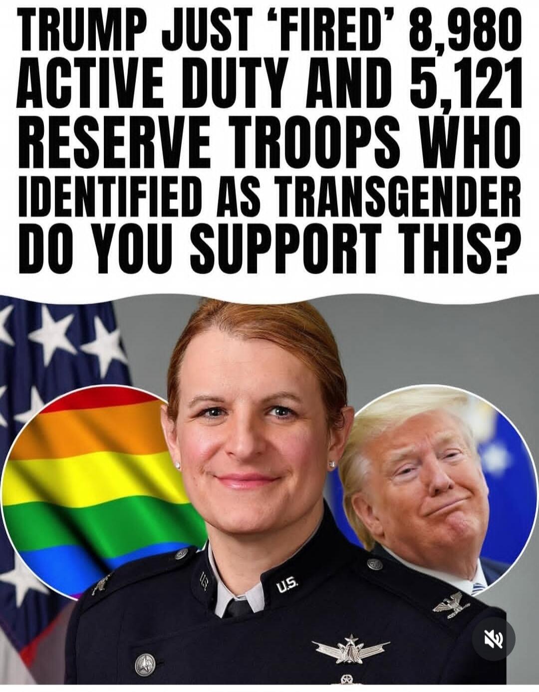 TRUMP JUST 'FIRED' 8,980 ACTIVE DUTY AND 5,121 RESERVE TROOPS WHO IDENTIFIED AS TRANSGENDER DO YOU SUPPORT THIS?